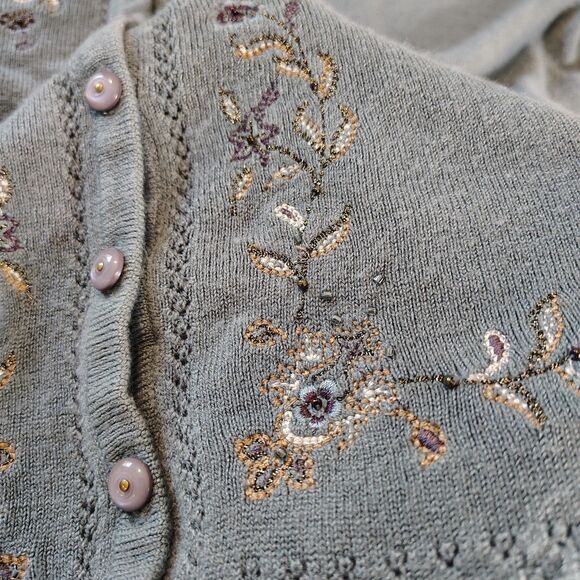 Vintage Koret Embroidered Floral Knit Cardigan Sweater Women’s Large Blue - Picture 5 of 8